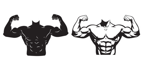 Stylized Male Torso Flexing Biceps Black White Silhouette Vector