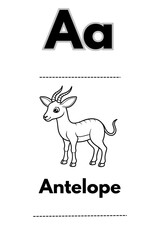 Black and white educational illustration of an adorable antelope with the letter A, ideal for children's alphabet learning, animal identification, and engaging coloring pages