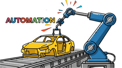 Black Continuous Line Colorful Illustration of Robotic Arm Assembling Car Body – Symbol of Automotive Manufacturing and Factory Automation