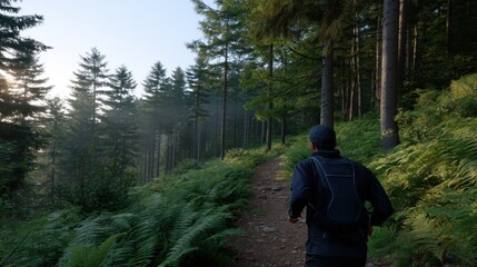 Morning Mist in Forest with Runner on Path Surrounded by Lush Greenery and Sunlight