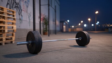 Narrow alley converted into lifting space with barbell placed on the ground at night