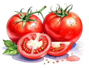 Watercolor painting showcasing ripe tomatoes, cut and whole, with green basil