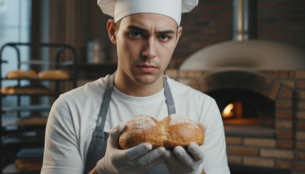 Professional baker proudly displaying freshly baked croissant with chef hat in modern artisanal bakery kitchen workspace. - Powered by Adobe