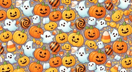 Obraz premium Spooky Halloween seamless pattern featuring pumpkins, ghosts, and candy corn, perfect for festive decorations and crafts