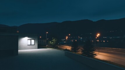 Night Scene of a Quiet Urban Landscape with Glowing Semiconductor Lights and Mountains