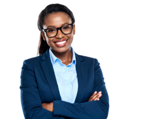 Attractive Black woman in business attire with glasses, arms crossed, smiling widely