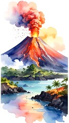Watercolor painting showing a volcanic eruption near a tropical island