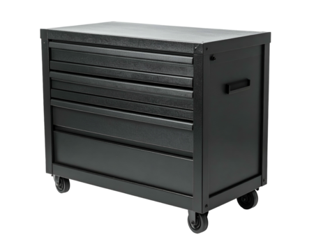 Black rolling tool cabinet with multiple drawers and handle on a black background