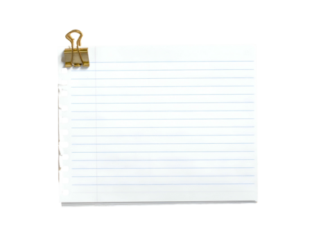 A lined white notepad held together by a golden clip against a black background