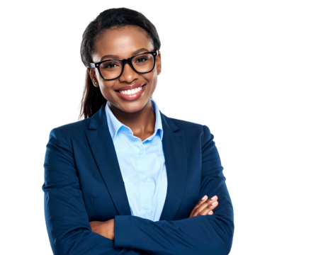 Attractive Black woman in business attire with glasses, arms crossed, smiling widely