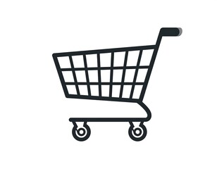 A simple, dark-gray line drawing of a shopping cart against a white background, viewed in profile. This graphic depicts a typical retail grocery cart