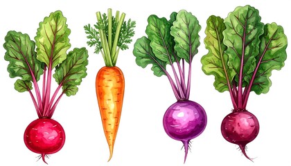 Watercolor depiction of assorted root vegetables with vibrant colors