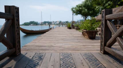Old Wooden Pier with Intricate Carvings on a Serene Coastal Landscape