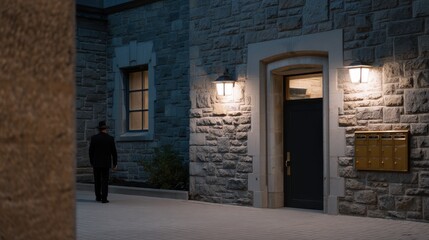 Old Stone Vault with Modern Key Panel Next to It in Shadowy Urban Environment