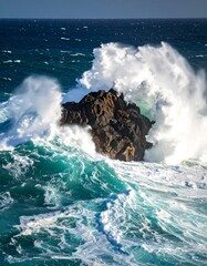 A dramatic view of powerful ocean waves crashing over a rocky island