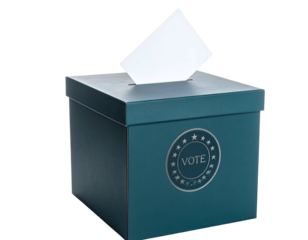 A teal voting box with a ballot entering the slot, isolated against a black background