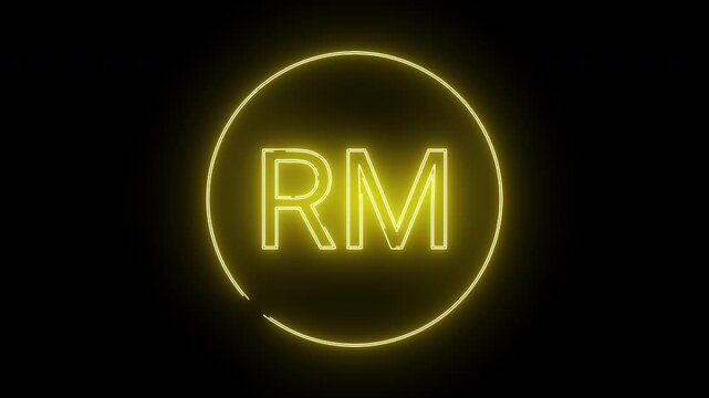 Yellow neon letters RM centered in a broken circle against a black backdrop