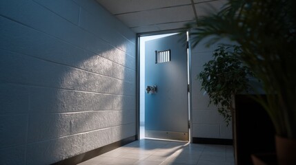 Open Hatch Door in Office Building Leading to Hidden Space With Soft Light Inside
