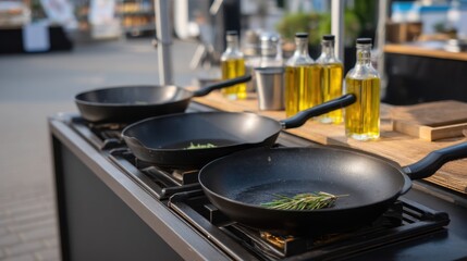Open Air Cooking Station at Cannabis Festival with Cooking Utensils and Ingredients Displayed
