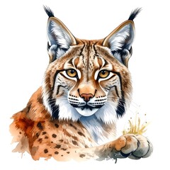 Watercolor portrait of a Lynx with striking fur and amber eyes