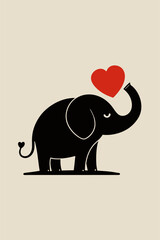 Cute Black Elephant Holding Red Heart in Trunk on Beige Background