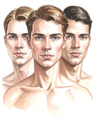 Watercolor portrait of three young men with different hair colors