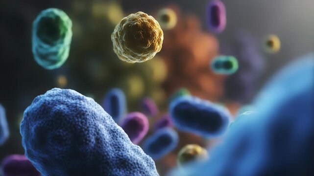 Microscopic View of Diverse Biological Organisms Floating in a Vibrant Liquid Environment with Soft Lighting