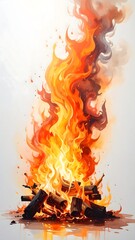 Watercolor rendering of a burning bonfire against a bright white background