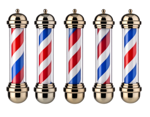 Five barber poles, each with rotating red, white, and blue stripes, golden tops and bases