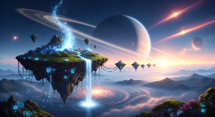 Fantasy landscape with floating islands and cosmic planets illustration