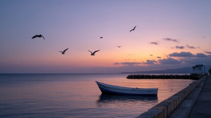 Peaceful Sunrise at Pier with Long-Tail Boat Departing in Calm Waters and Flying Birds
