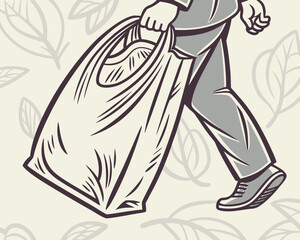 A man in a suit is carrying a large plastic bag with leaf background