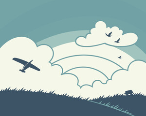 Illustration of an airplane flying in the sky with clouds and birds