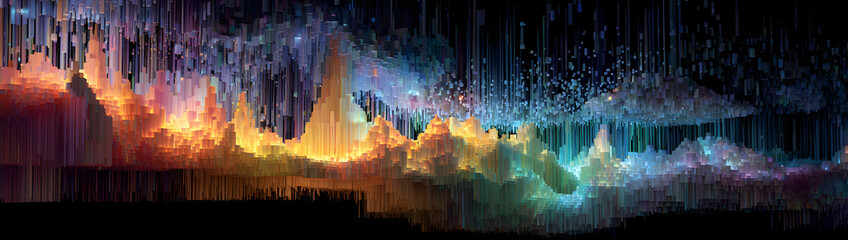 Colorful abstract voxel landscape features gradient lighting. Perfect for website backgrounds, tech branding, and digital art.