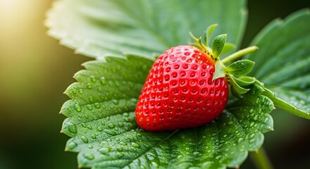 Close up of a fresh red strawberry on green leaves with bright sunlight