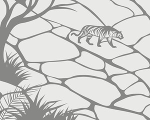 Silhouette of tiger walking on stone path with tree and plants nearby