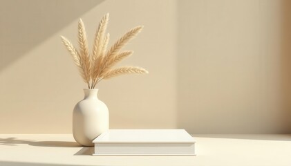 Naklejka premium White book mockup, dried grass vase, beige table Minimalist, elegant scene , home decor, beige