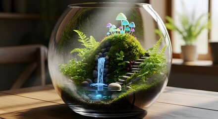 Miniature terrarium ecosystem waterfall plants and mushrooms in glass globe