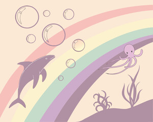 Dolphin, octopus, rainbow and bubbles in pastel colors