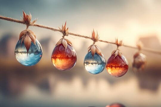 Four teardrop-shaped glass orbs, reflecting a landscape, hang from a thin string