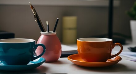 Colorful coffee cups and stationery on a desk with a blurred background