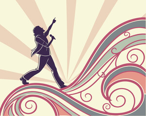 Silhouette of a singer performing on stage with retro background