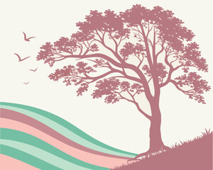 Fototapeta premium Silhouette of a tree with birds flying over a wavy landscape design
