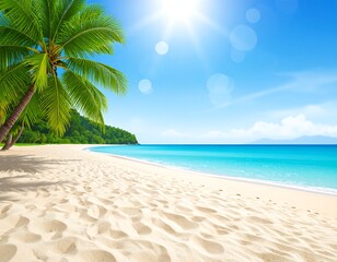 Tropical beach scene with white sand, palm trees, and clear blue water