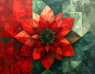 A vibrant, abstract floral design featuring layered red petals with a green core set against a patterned red and green backdrop