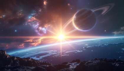 A rare cosmic event showing a perfect alignment of planets as the sun rises behind them. Vibrant light flares and glowing rings create an otherworldly, futuristic scene