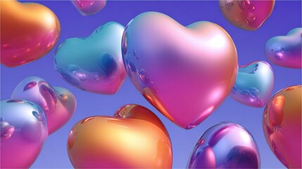 Glossy hearts in shades of blue, pink, and orange float against a bright sky, creating a playful and cheerful scene that evokes joy and love.