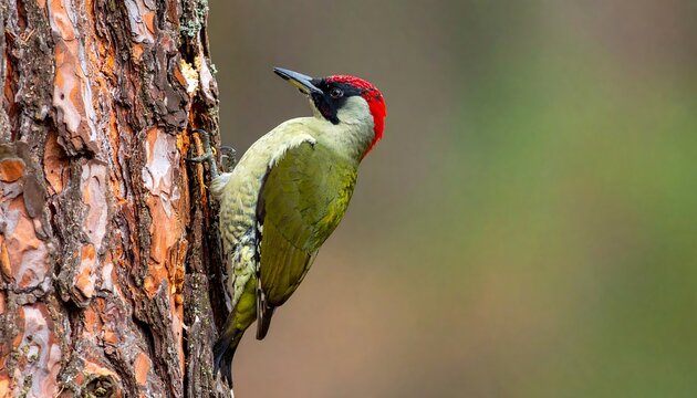 A green woodpecker perched on the side of a textured pine tree