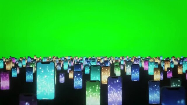 Abstract Concert Atmosphere with green screen back view huge crowd of people phones in hands at live or show shot on red helium 8k prores 4444 distortion, overlay, glitch, static noise, scan lines