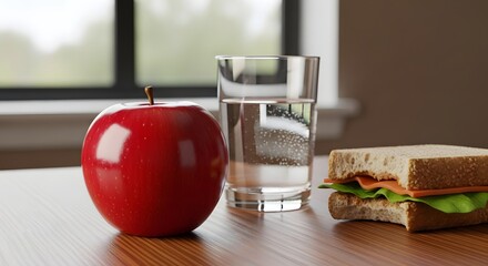 Fresh red apple glass of water and sandwich on wooden table